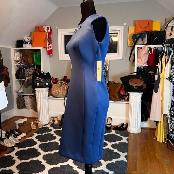 CALVIN KLEIN Size 4 Blue Grommet Neck Sleeveless Scuba Dress NWT - Picture 3 of 9